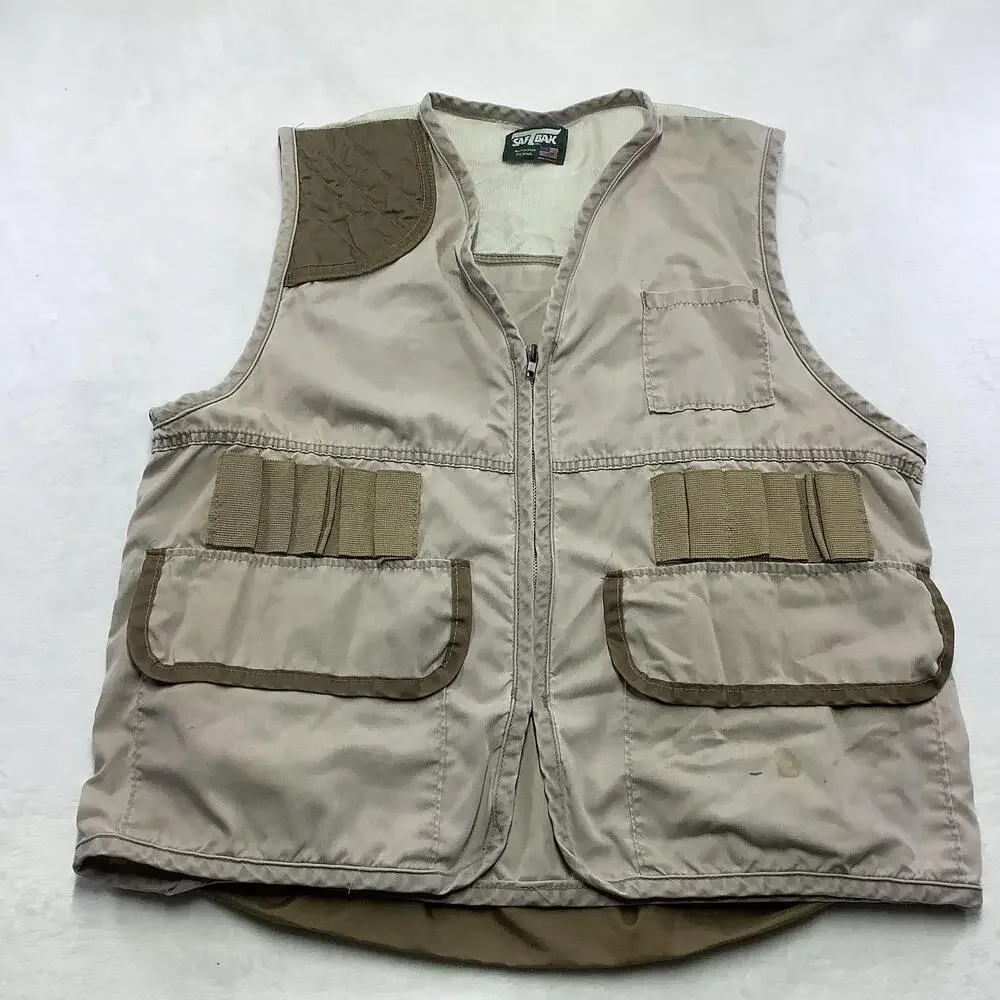 Saf-T-Bak Vest Mens Medium Beige Canvas Quilted Hunting Full Zip Pockets USA